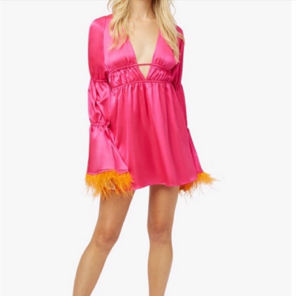 Weworewhat- Pink Satin Longsleeve Mini Dress with Orange Feathers